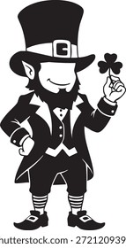 Smiling leprechaun in top hat holding shamrock