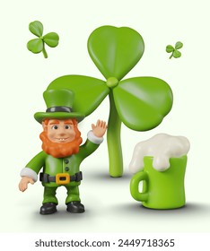 Smiling leprechaun waves next to giant shamrock, mug of frothy drink stands nearby