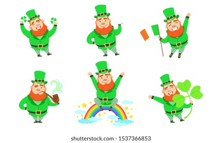 Smiling Leprechauns Set, Funny St Patricks Day Cartoon Character in Different Situations Vector Illustration