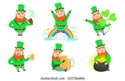 Smiling Leprechauns Set, St Patricks Day Cartoon Character in Different Situations Vector Illustration