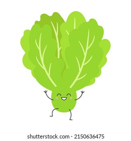 Smiling lettuce cute character cartoon leaves green salad  greeting face happy joy emotions vector illustration.