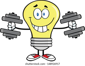 Smiling Light Bulb Cartoon Character Training With Dumbbells