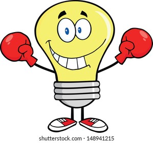 Smiling Light Bulb Cartoon Character Wearing Boxing Gloves