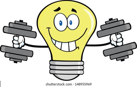 Smiling Light Bulb Cartoon Character Training With Dumbbells