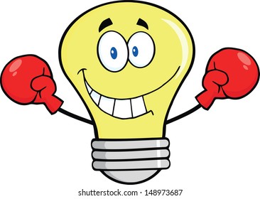 Smiling Light Bulb Cartoon Character Wearing Boxing Gloves