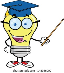 Smiling Light Bulb Teacher Character With A Pointer