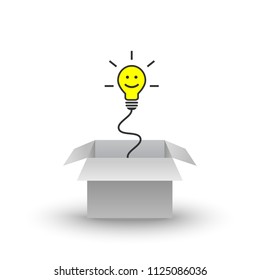 Smiling lightbulb with a happy attitude emerging out of a cardboard box as motivation, encouragement and thinking out of the box concept