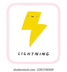 Smiling lightning icon. Weather forecast card. Kids education concept. Vector flat illustration on white background.