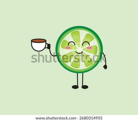 Smiling Lime Slice Character Enjoying a Coffee, Cartoon Food Illustration