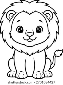 Dibujos animados del león sonriente en estilo lindo del contorno del Vector para los libros para colorear de los niños, las actividades escolares, la educación animal, y el dibujo preescolar creativo.
