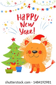 Smiling lion in Christmas hat with a gift box and decorated fir tree. Hand drawn vector cute african animal. Greeting card. New Year celebration.