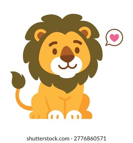A smiling lion with a heart in a speech bubble, conveying love and friendship in a cute cartoon style.