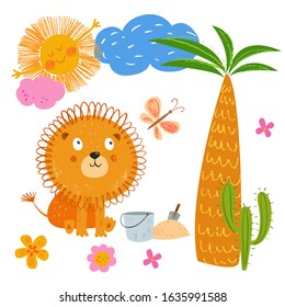 Smiling lion near the palm tree. Cute African animal. Vector sunny background. Hand drawn illustration. Pencil brush texture. Funny  Baby animal. Hand Drawn kids cartoon character.