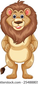 Smiling lion standing upright with friendly demeanor