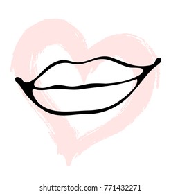 Smiling lips against the background of a pink heart. Vector image of hand-drawn isolated on white.