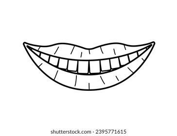 Lächelnde Lippen mit gesunden Zähnen doodle Symbol. Vektorgrafik des Konzepts der Zahnpflege, gesunde Zähne. Isolieren Sie eine Skizze auf weißem Hintergrund.