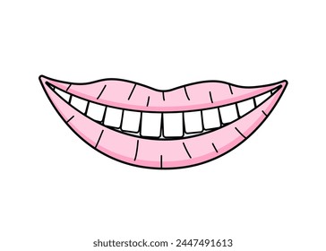 Labios sonrientes con dientes sanos doodle icono. Ilustración vectorial del concepto de cuidado dental, dientes sanos. Aísle un esbozo sobre un fondo blanco.