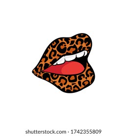 Smiling lips with leopard print - cartoon sticker of female smile with black and orange animal skin pattern lipstick. Woman's mouth - flat isolated vector illustration