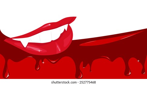 smiling lips vampire against a background of drops of blood, vector illustration