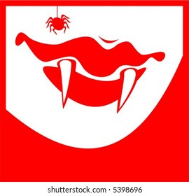 Smiling lips of the vampire with sticking out canines and spider.