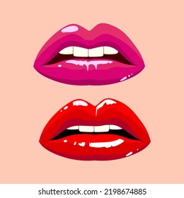 Smiling lips woman in red lipstick icon vector illustration.