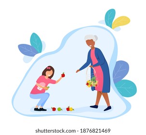 Smiling litle girl helping elderly woman to picking up fruits from the floor. Old retired woman thanks kind girl for help. Concept of kids with good manners. Flat cartoon vector illustration