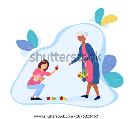 Smiling litle girl helping elderly woman to picking up fruits from the floor. Old retired woman thanks kind girl for help. Concept of kids with good manners. Flat cartoon vector illustration