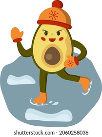 Smiling little avocado girl in hat and mittens on ice skates wintertime composition