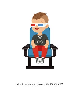 Smiling little boy in 3d glasses sitting on a blue chair and watching 3D movie in the cinema vector Illustration
