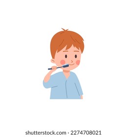Smiling little boy brushing teeth flat style, vector illustration isolated on white background. Dental health and hygiene, design element, child character