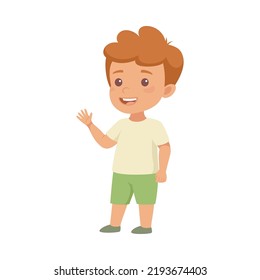 Personaje de niño pequeño sonriente en cortometrajes verdes en posición permanente Ilustración de vectores de visión lateral de mano ondulante