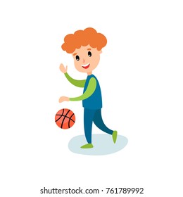 Smiling little boy character playing basketball, kids physical activity cartoon vector Illustration