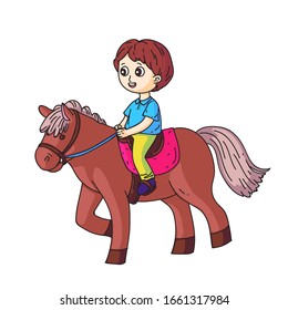 Smiling little boy character riding horse isolated on white. Happy cute cartoon kid in saddle on horseback. Children equestrian sport. Fun at amusement park. Active hobby. Vector illustration