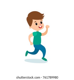 Smiling little boy character running, kids physical activity cartoon vector Illustration