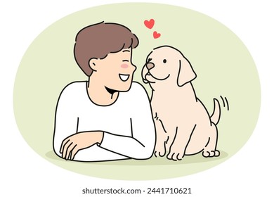 Smiling little boy child lying with cute puppy. Happy kid playing with dog enjoy leisure time with pet friend. Vector illustration.