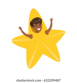Smiling little boy dressed as an yellow star, performing in theatrical show. Colorful cartoon character vector Illustration