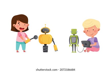 Smiling Little Boy and Girl Engineering and Configurating Robot Vector Set