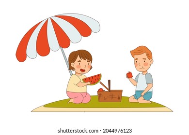 Smiling Little Boy and Girl Enjoying Summer Having Picnic Sitting on Green Lawn with Basket Eating Fruit Vector Illustration