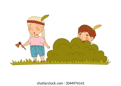 Smiling Little Boy and Girl Enjoying Summer Playing Indian Hiding and Seeking Vector Illustration