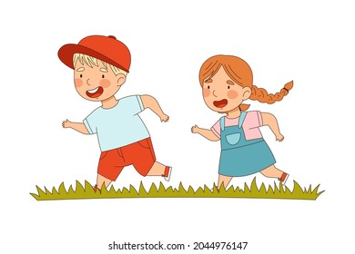 Smiling Little Boy And Girl Enjoying Summer Running On Grass Playing Catch Up Game Vector Illustration