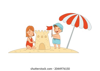 Smiling Little Boy and Girl Enjoying Summer Building Sand Castle on Beach Vector Illustration