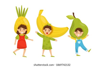 Smiling Little Boy and Girl Wearing Fruit Costumes Vector Set
