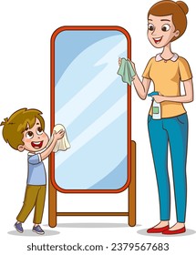 Smiling little boy helping his mother at housework. Mom spraying detergent from bottle, son cleaning bathroom mirror with rag. Woman and child. Flat vector design