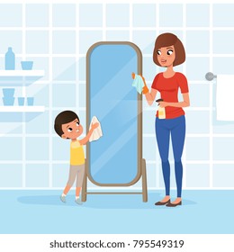 Smiling little boy helping his mother at housework. Mom spraying detergent from bottle, son cleaning bathroom mirror with rag. Woman and child. Flat vector design