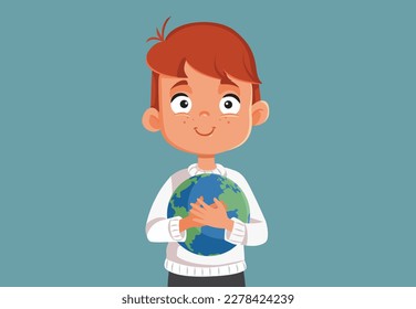 
Niño Sonriente Con Un Vector De Planeta Tierra Ilustración. Niños alegres protegiendo el mundo y el planeta 
