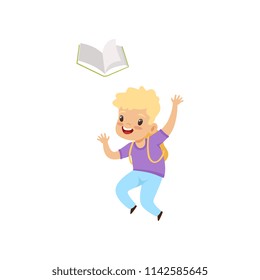 Smiling little boy jumping with book, elementary school student playing and learning vector Illustration on a white background
