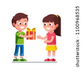 Smiling little boy kid giving girl birthday ribbon bow gift box. Children cartoon character excited kid child receiving gift from girlfriend. Child hand over holiday present. Flat vector illustration
