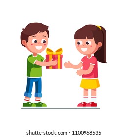 Smiling little boy kid giving girl birthday ribbon bow gift box. Children cartoon character excited kid child receiving gift from girlfriend. Child hand over holiday present. Flat vector illustration