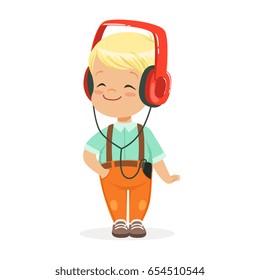 Smiling little boy listening to music in headphones, colorful cartoon character vector Illustration