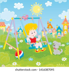Smiling little boy on a toy swing on a playground in a park of a town on a sunny summer day, vector illustration in a cartoon style